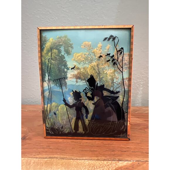 Vintage Reverse Painted Convex Glass Silhouette Pictures Parent Child set of 2 - Picture 2 of 6